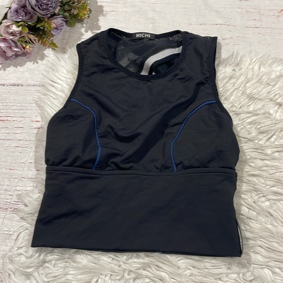 MICHI Crop Top Black Linear Pullover Mesh Panels Piping Bodice - Picture 4 of 11